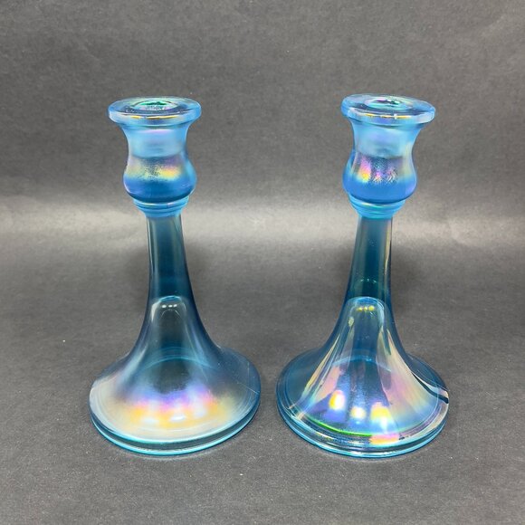 Vtg Central Glass Works Iridescent Blue Stretch Trumpet Candlestick Holders Glow - Picture 1 of 16
